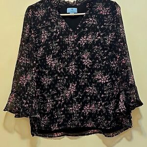 CeCe Black Blouse with Pink Floral Design Long Flutter Sleeves